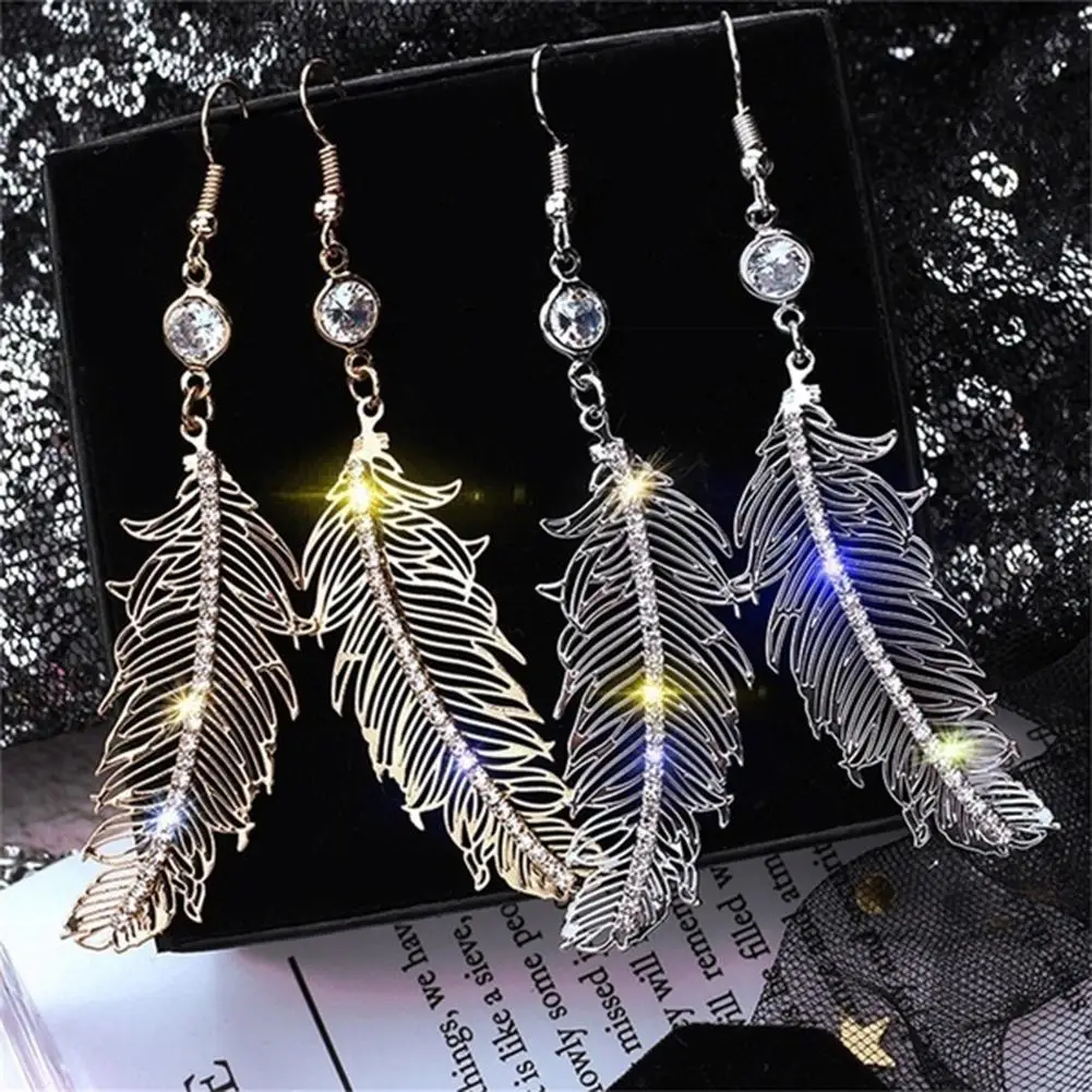 

Hollow Long Feather Drop Rhinestone Metal-encrusted Hook Earrings Women Jewelry New