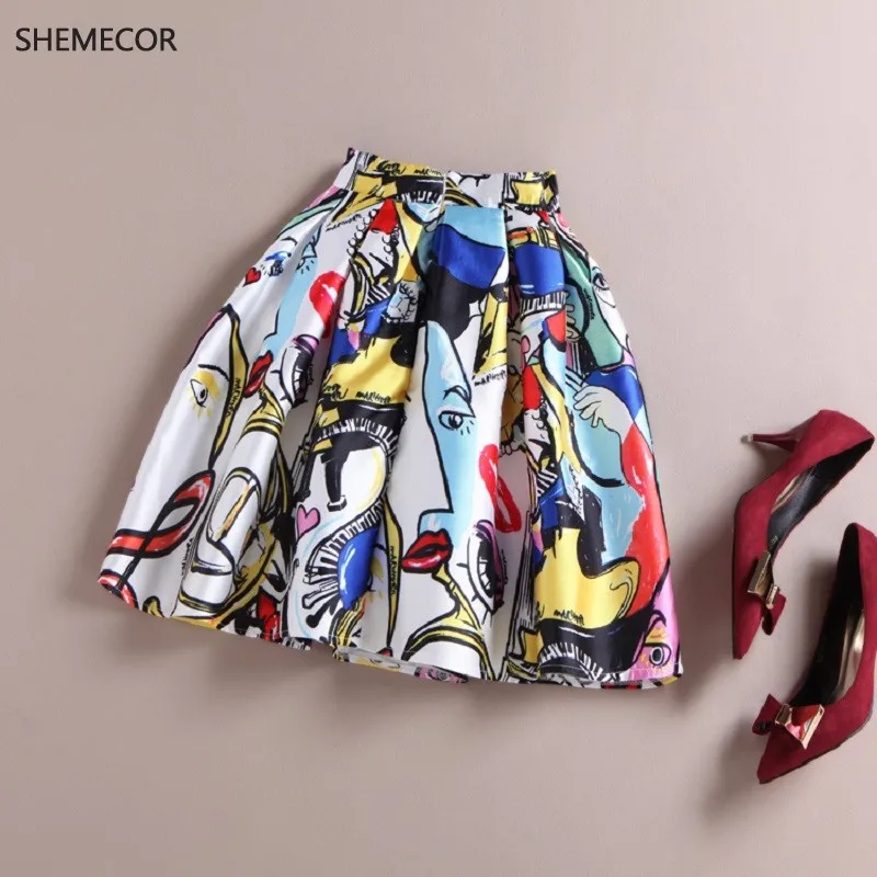 

SHEMECOR Spring Autumn Women Graffiti Fashion Elements Floral Print Pleated Mini Skater Skirts Falda Femininas