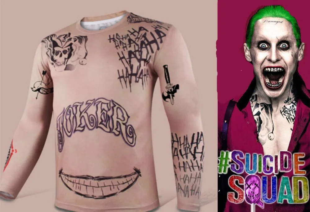 HOT 2016 Movie Suicide Squad Joker Tattoo Cosplay Long/Short Sleeve T