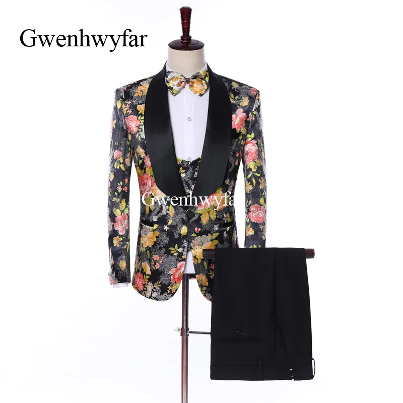 

Gwenhwyfar 2019 Luxury Printed Flower Blazer Vest Men Suits Custom Made Shawl Lapel Fashion Men Wedding Party Wear Tuxedos Set