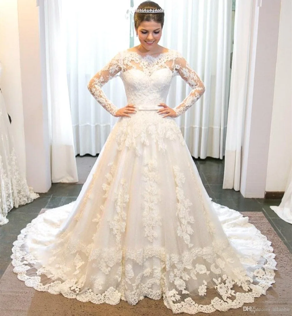 Vestido De Noiva Longo элегантное платье с вырезом "лодочка" кружевное свадебное платье с длинными рукавами сексуальное с вырезом без спинки А-силуэт сатиновое свадебное платье