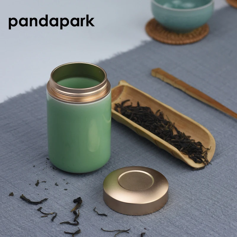 

Pandapark Tea Caddy Box Porcelain Sealed Cans Of Food Dried Fruit Metal Cover Longquan Celadon Kung Fu Tea Accessories PPX008