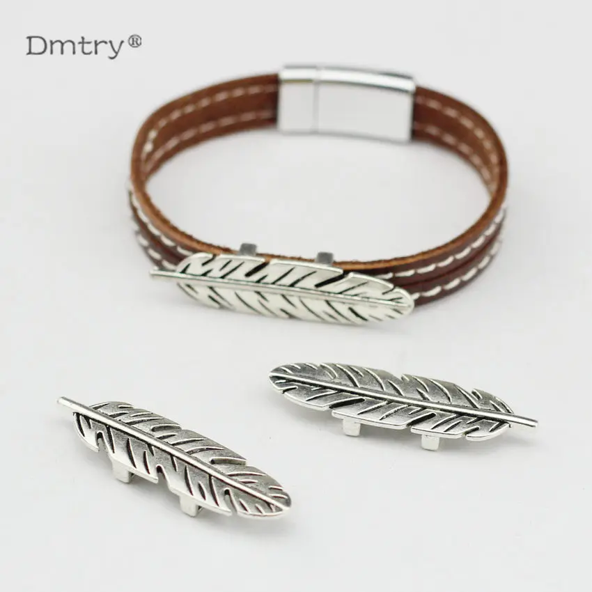 

Dmtry 5pcs Antique Silver Feather Holder Sliders Charm For Use With 10*5mm Flat Leather Cord Clasps Bracelet Findings BB0009