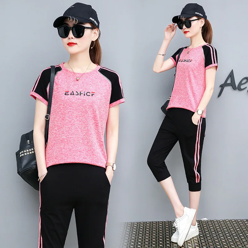 Summer Tracksuit 2 Piece Set Women Short Sleeve Letter Print Tops and Side Striped Capri Pants Suits Female Casual Sporting Suit