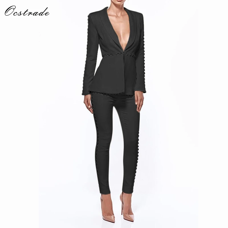 Ocstrade Sexy Pant Suits 2018 Elegant Formal White Sets Women's Suit Pants and Jacket Runway Fashion Ladies Pantsuit Costumes