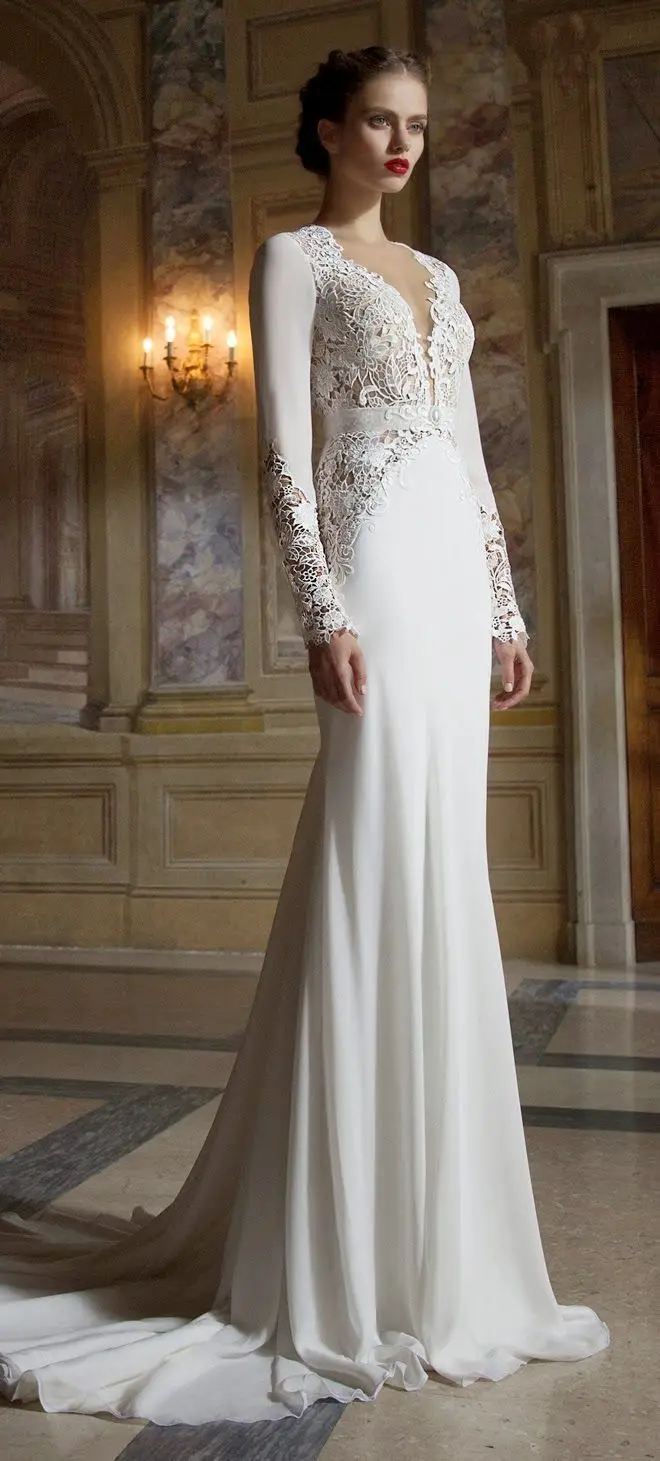 

2019 New Design Elegant Charming A Line Wedding Dresses Sexy V-Neck Long Sleeves Backless Lace Wedding Gowns C177