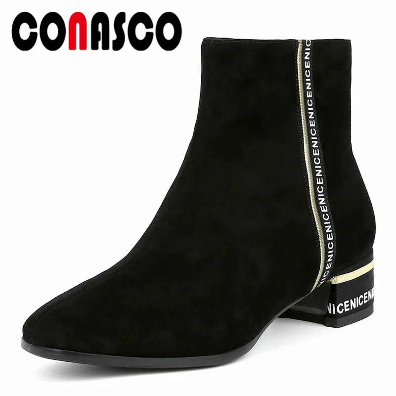 

CONASCO Fashion Ankle Boots Women Thick Heels Autumn Winter Zipper Martin Shoes Woman Round Toe Office Pumps Ladies Party Shoes