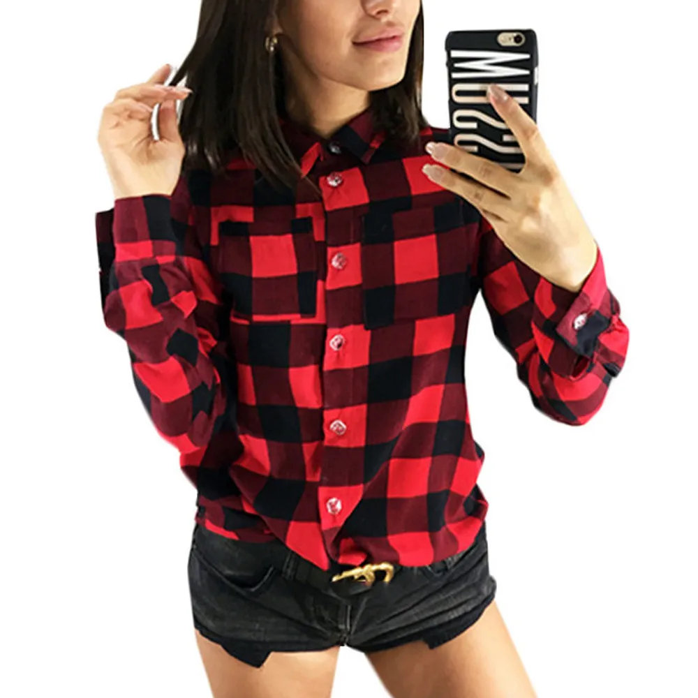 

Feitong Plaid Shirts Blouse Women Lapel Collar Long Sleeve Botton Lattice Shirt Blouses Office Wear Tops Female Blusas##