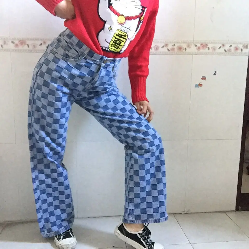 

Vintage Contrast Plaid Loose High Waist Straight Wide Leg Denim Full Pant Streetwear Elegant Boho Jeans Trouser Plus Size Korean