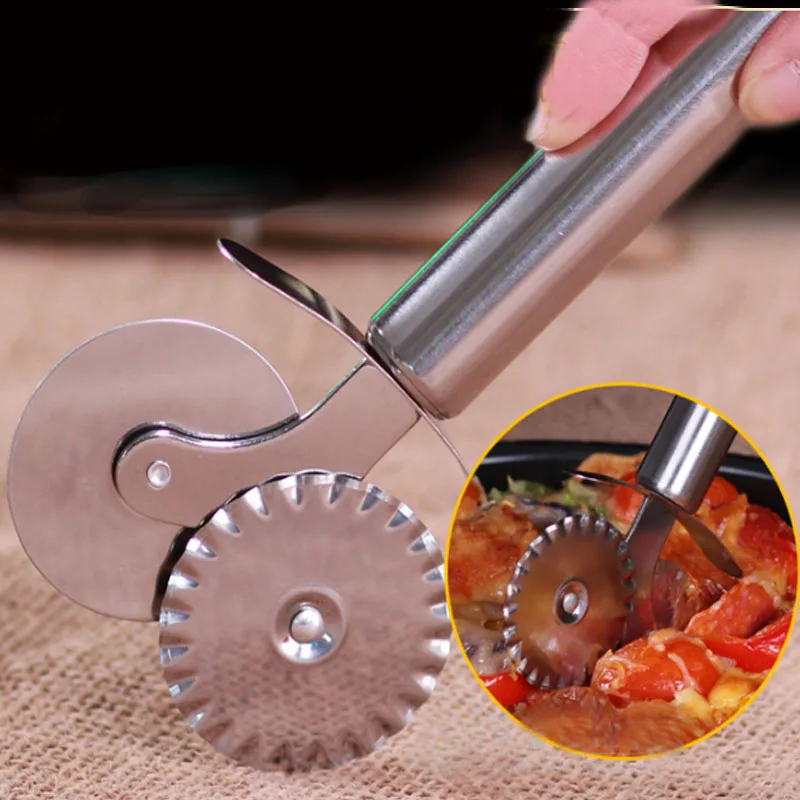 

Double Roller Pizza Knife Cutter Stainless Steel Pastry Pasta Dough Crimper Round Hob Lace Wheel Knife Kitchen Tools