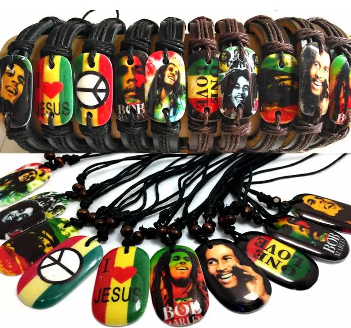 

20pcs Men Jewelry set Bob Marley Leather bracelets & Necklaces MIX 10 wristbands and 10 pendant necklaces