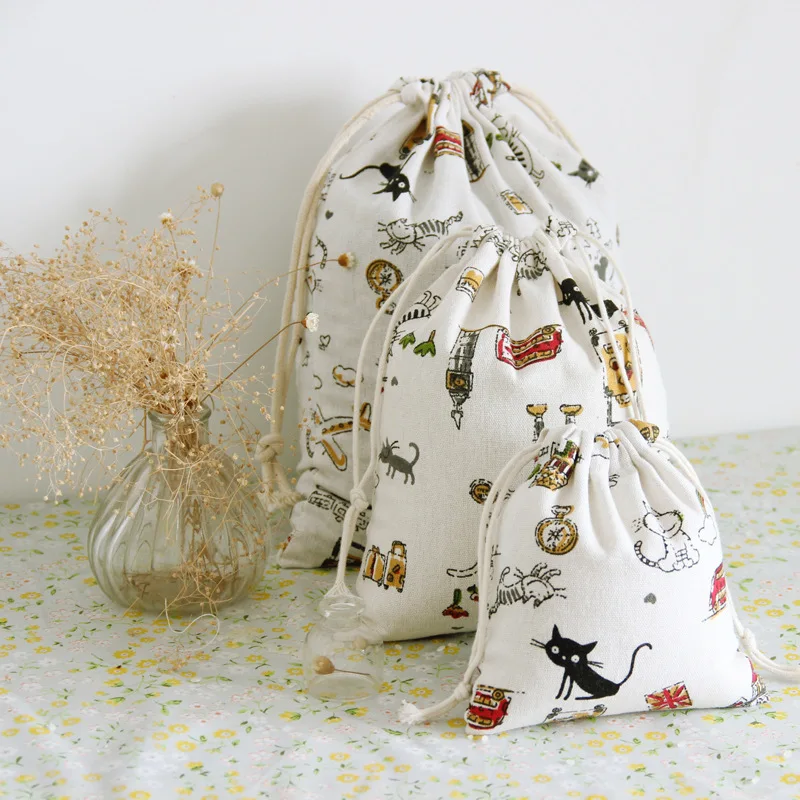 

YILE Natural Cotton Canvas Travelling Clothing Sorted Pouch String Closure Multi-purpose Bag Print Black Cat Size-choosing N151