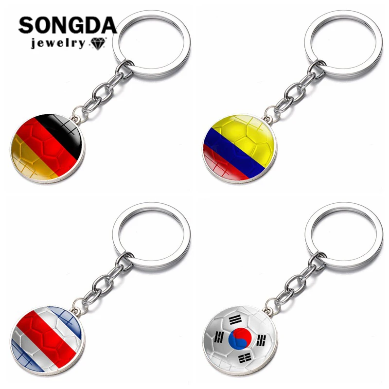 

SONGDA New World Football Game Keychain Colombia Germany Korea Costa Rica Flag Pattern Glass Cabochon Pendant Key Ring Jewellery