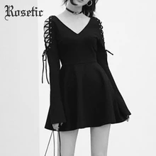 Rosetic, женское платье, сексуальное, v-образный вырез, черное платье, для женщин, зима, длинный рукав-фонарик, на шнуровке, вечерние, для клуба, женское платье, элегантное, винтажное