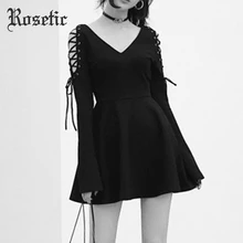 Rosetic Women Dress Sexy V-neck Black Dressses Female Winter Long Flare Sleeve Lace Up Party Club Women Dress Elegant Vintage Rosetic Women Dress Sexy V-neck Black Dressses Female Winter Long Flare Sleeve Lace Up Party Club Women Dress Elegant Vintage