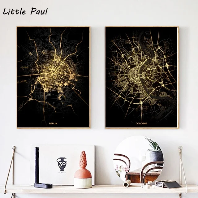

Germany City Map Berlin Cologne Frankfurt Hamburg Modern City Gold Map Canvas Art Print Wall Pictures for Living Room No Frame