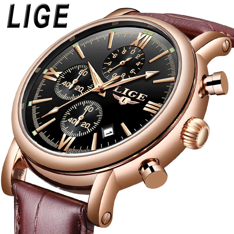

LIGE Men's Quartz Wristwatch Top Luxury Brand Watches Mens Waterproof Sport Mens Watch Leather Calendar Clock Relogio Masculino