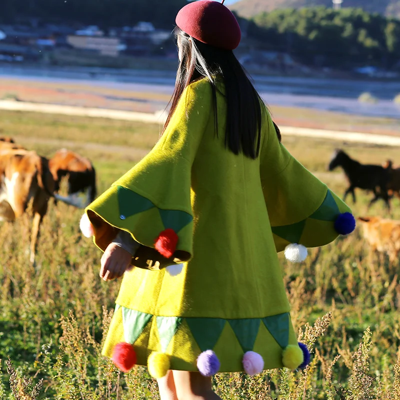 

MX138 New Arrival 2016 Autumn Winter vintage flare sleeve yellow green patchwork cute puzzy ball loose long women wool coat