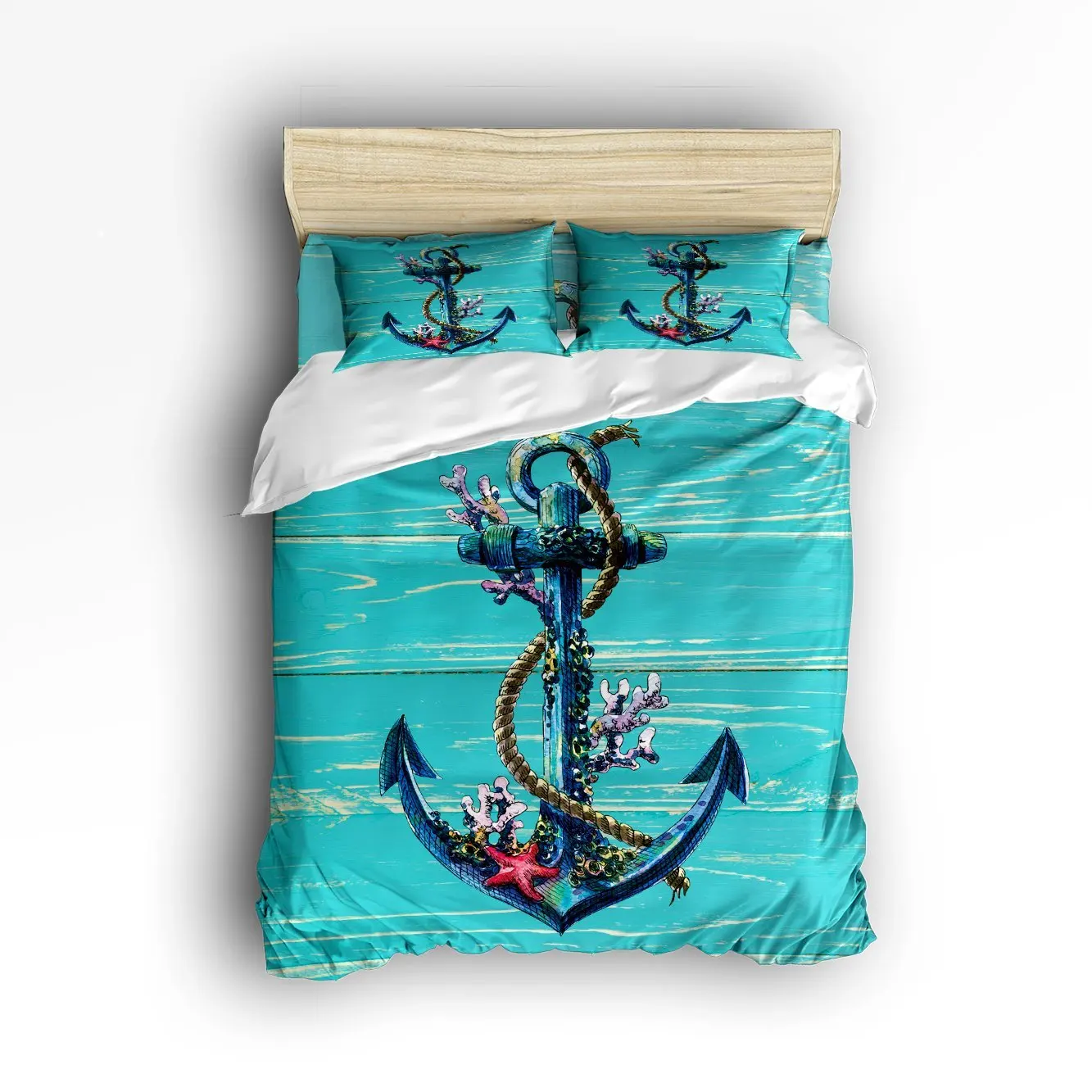 

Queen Size Bedding Set- Anchor Rustic Wood Board Duvet Cover Set Bedspread for Childrens/Kids/Teens/Adults, 4 Piece