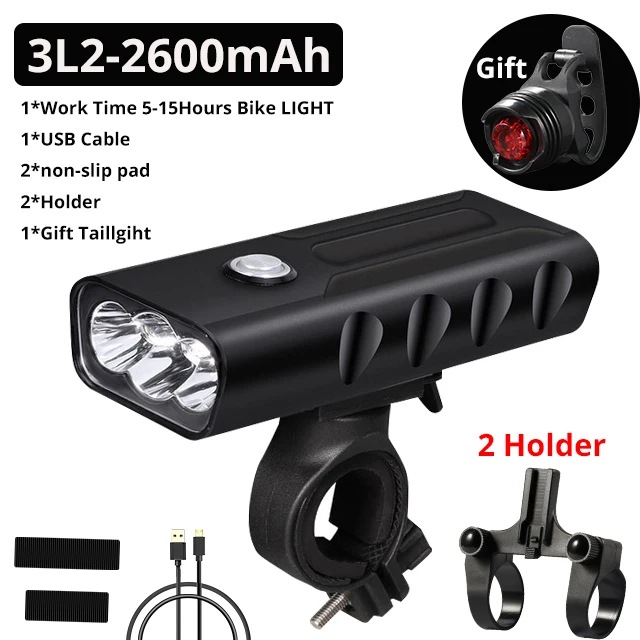 15000Lum 2/3* L2/T6 USB Перезаряжаемый Встроенный 5200 мАч 3 режима велосипедный светильник, водонепроницаемый головной светильник, Аксессуары для велосипеда, задний светильник - Цвет: 3L2 5 hour 2 holder
