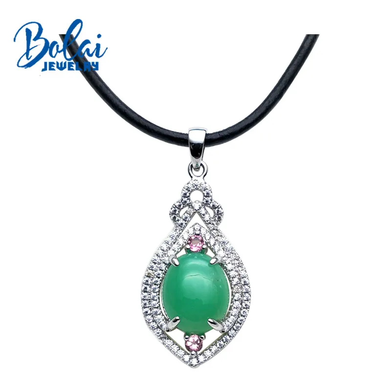 Bolaijewelry натуральный драгоценный камень хризопраз кожа аккорд кулон в 925 серебро