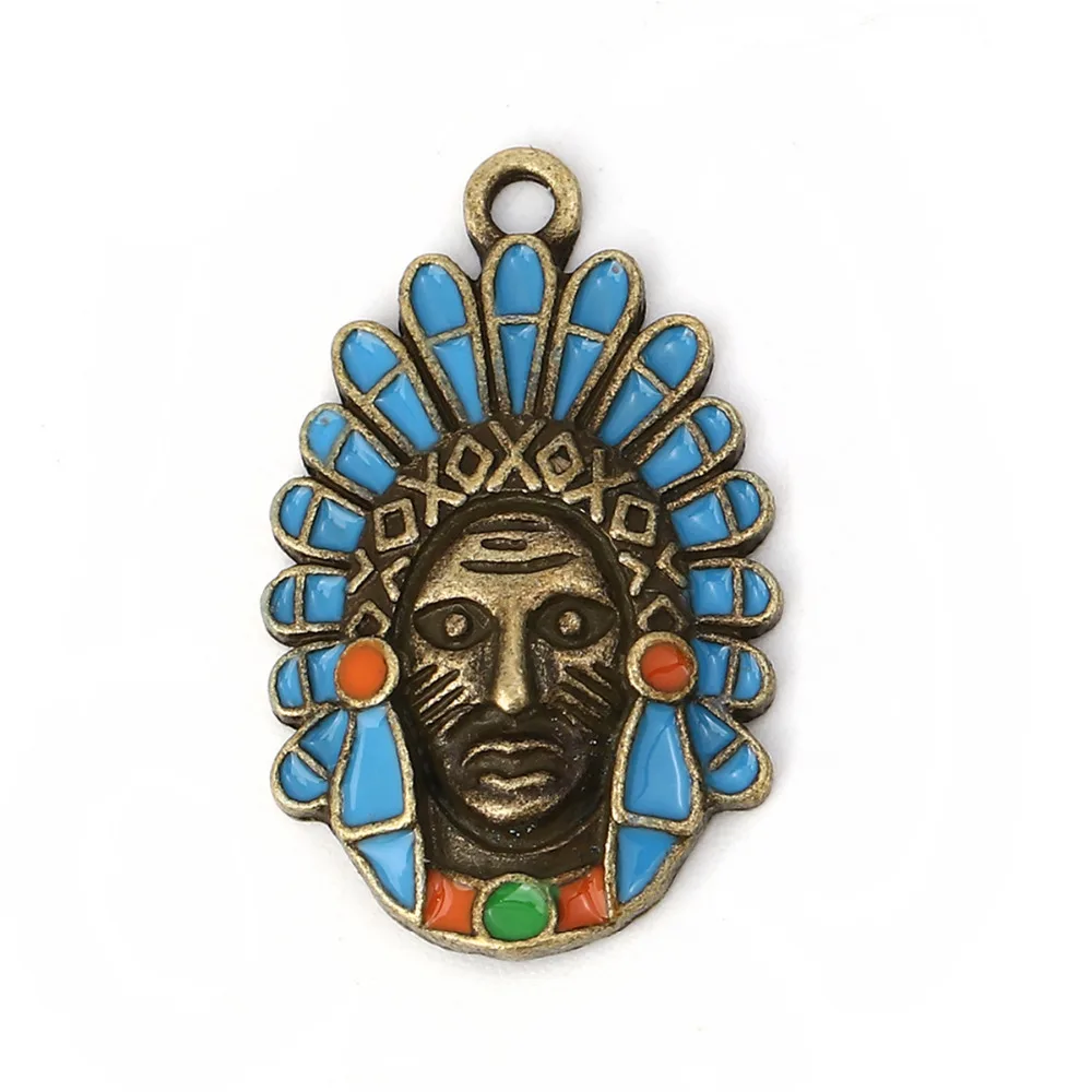 

Doreen Box Zinc Based Alloy Boho Chic Pendants Indian Chief Antique Bronze Lake Blue Enamel 31mm(1 2/8") x 19mm( 6/8"), 5 PCs