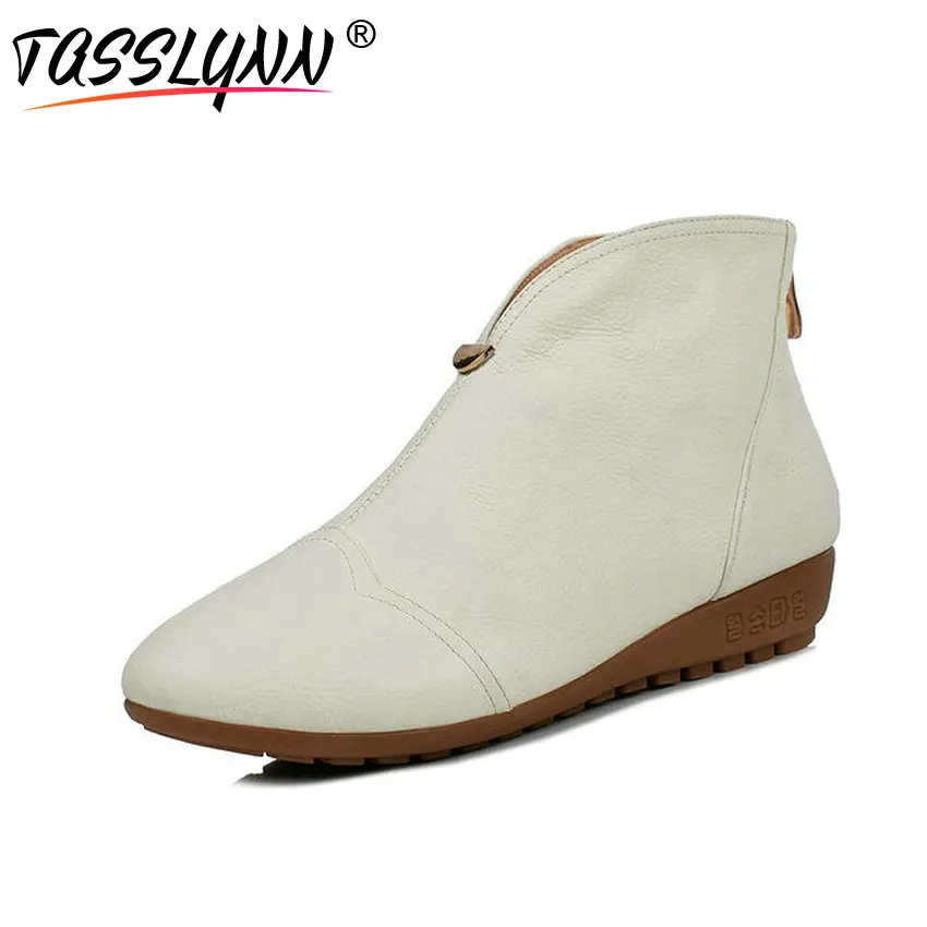 

TASSLYNN 2018 Women Winter Shoes Slip on Cow Leather Ankle Boots Low Heels Round Toe Fashion Casual Shoes Woman Size 34-43