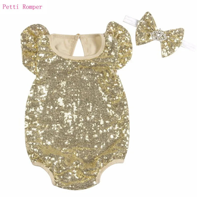 5 Color Cotton Baby Girl Sequin Rompers +Headband Newborn Infant