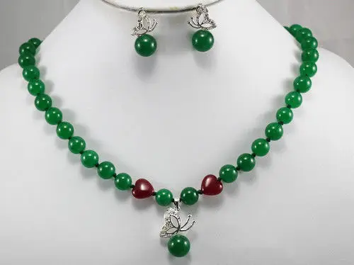 

huij 003685 Beautiful jewelry green jade necklace butterfly pendant earrings set