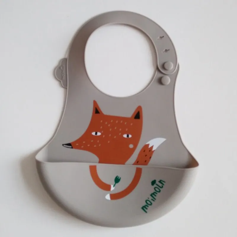 Baby Bibs Waterproof Silicone Bib Scarf Feeding Infant Saliva Towel Newborn Cartoon Fox Aprons Baby Boy Bandana Bib Burp Clothes - Цвет: grey