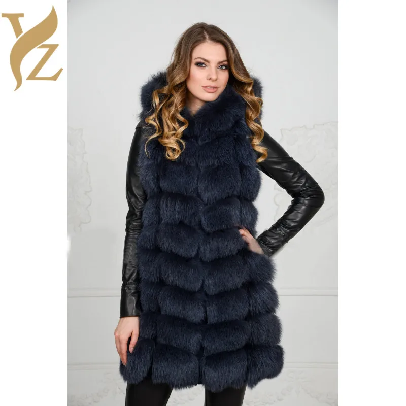 90cm Long Sleeve Full Skin Fox Fur Vest Hooded For Women Fox Fur Coats