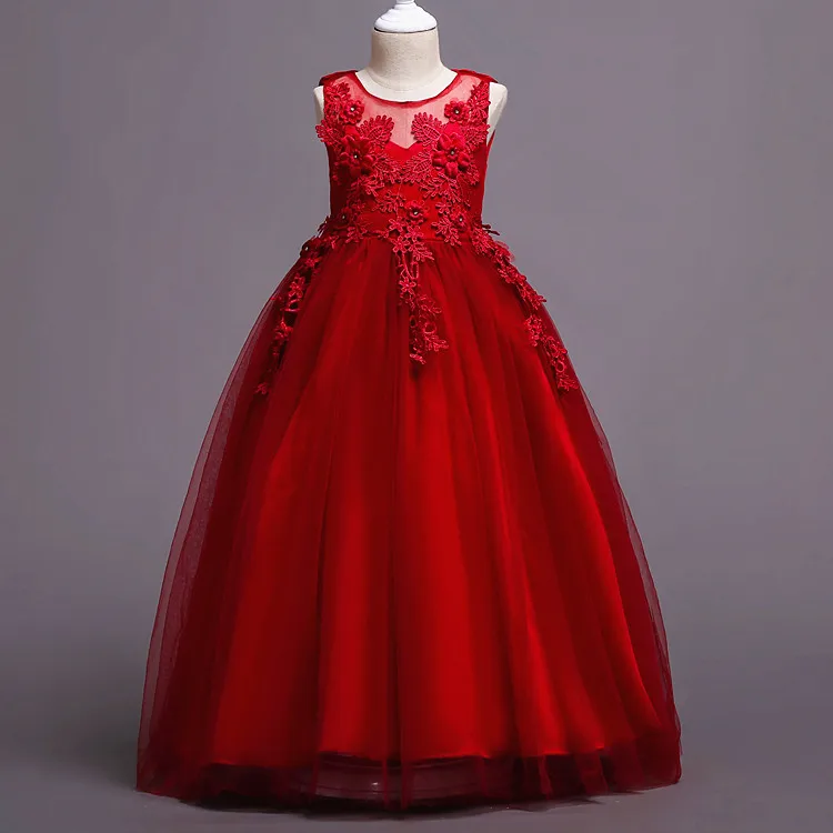 

2019 New 4-14Y Lace Teenagers Kids Girls Wedding Long Dress Elegant Princess Party Pageant Appliques Formal Sleeveless Dress