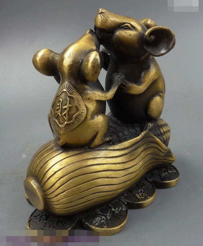 

S0467 China FengShui Bronze 2 Smile Mouse Peach RuYi Stand Maize Coin Statue Figurine