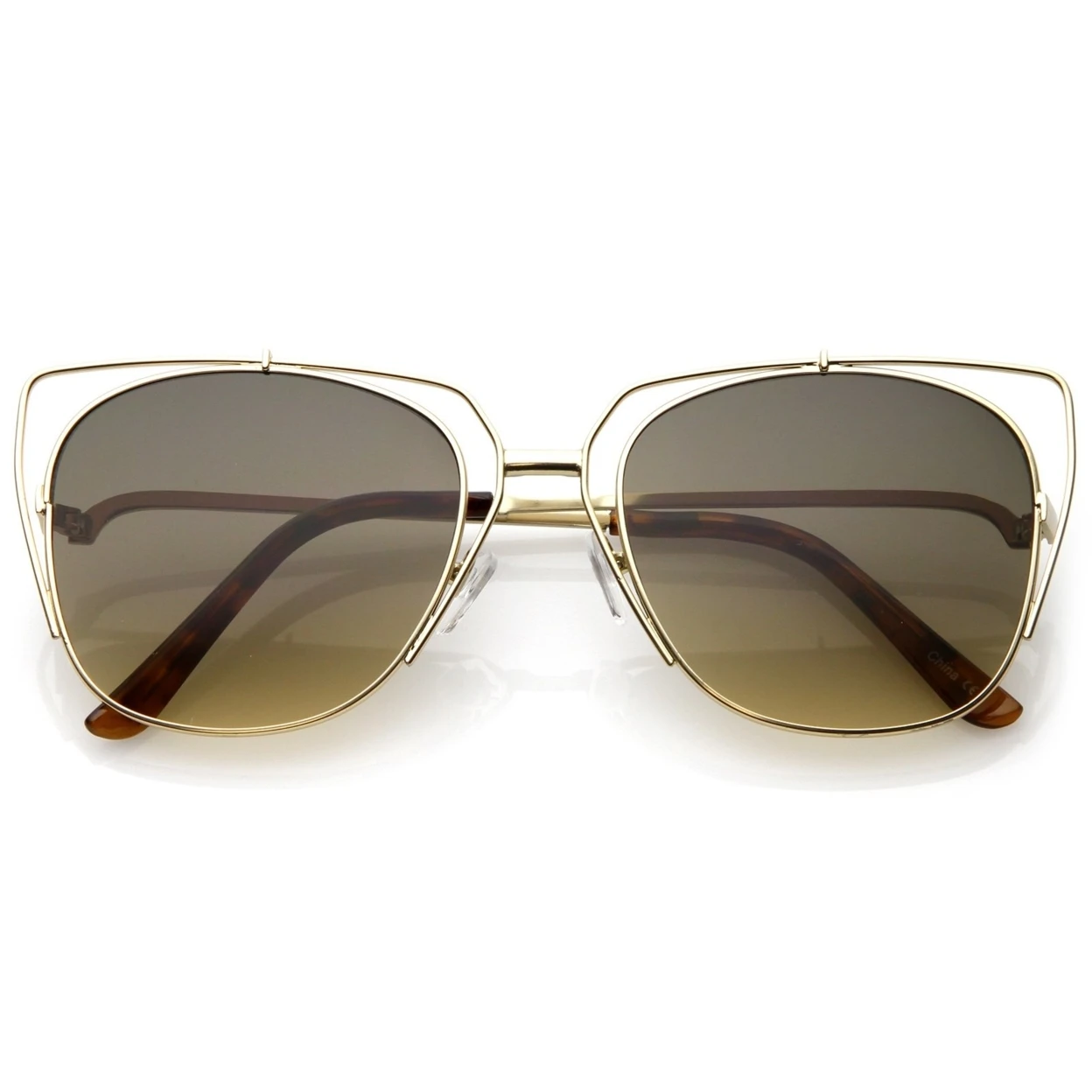 Women's Open Metal Cat Eye Sunglasses With Square Flat Lens And Slim Curved Arms