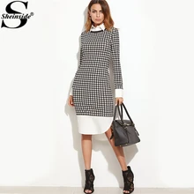 Sheinside Хаундстут Контрастность изогнутые подол комбинированное платье дамы по колено с длинными рукавами элегантное платье на молнии Повседневная обувь платье