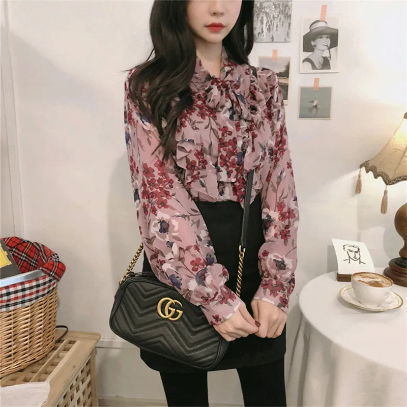 RUGOD лук блуза цветочный принт Женская мода фонарь рукав шифон леди офисная одежда элегантные женские рубашки корейский dames kleding