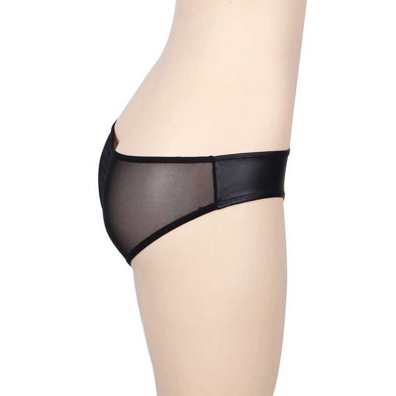 Women Sexy Lingerie Open Crotch Sexy Panties Crotchless Erotic Leather Underwear Cheeky Briefs with Zipper Front and Mesh Back