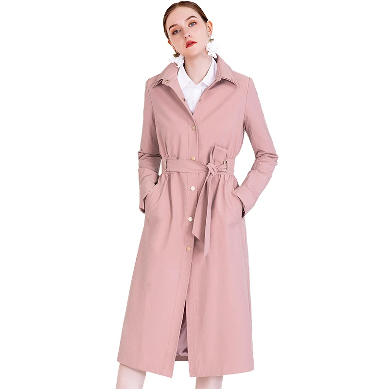 

Office Lady British Style Spring Trench Coat Women Pink Slim Waist Turn Down Collar Overcoat with Belt HH2008