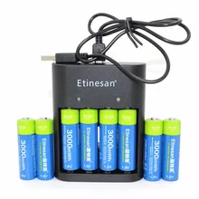 8pcs/lot Etinesan 3000mWh AA battery + USB charger , Li-polymer Li-Po Lithium Lion Rechargeable Battery for Wireless earphone,