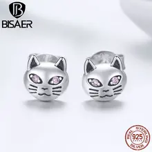 BISAER, распродажа, 925 пробы, серебро, кот, животное, розовый CZ, серьги-гвоздики для женщин, модные серебряные серьги,, ювелирное изделие, ECE440