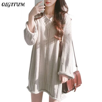 

Women Long Sweater Dress Autumn/Winter New Sexy V-neck Loose Tops High Quality Soft Wild Pullover For Sweet Teen Girls 2019 Hot
