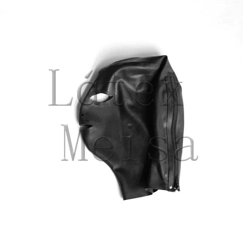 

Exotic latex hoods Fetish open eyes nostrils and mouth in black and black trim color with back zip