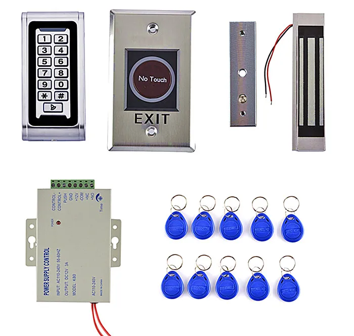 

125KHz RFID IP68 Metal Keypad Access Control System Kit +180kg Magnetic Door Lock +No Touch Button