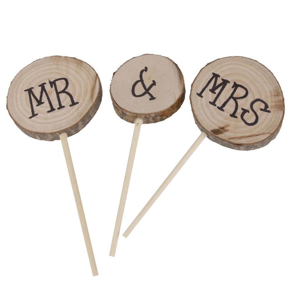 3Pcs/Set Wooden Cake Toppers Round Mr &amp Mrs Shabby Chic Rustic Wedding Topper Pick Decoration Colorful | Дом и сад