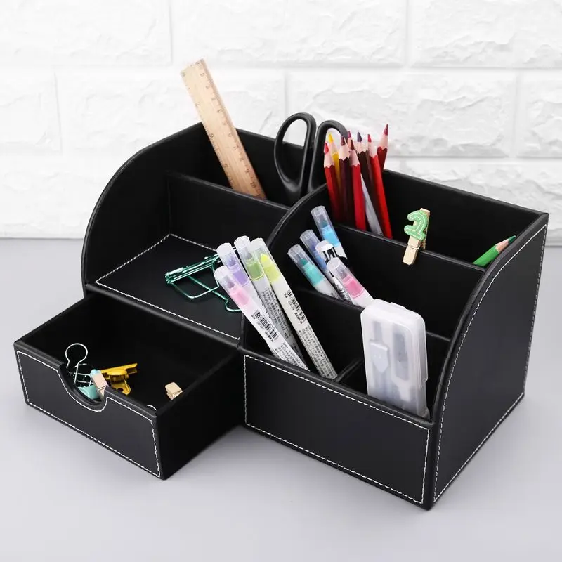 

7 Storage Compartments Multifunctional Leather Office Desktop Organizer Business Card Pen Pencil Mobile Phone Holder Storage