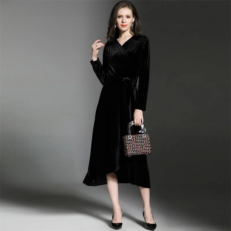 Новинка, бархатное сексуальное Элегантное макси платье, Vestidos, для женщин, весна-осень, с оборками, облегающее и расклешенное, велюровое платье, черное, плюс размер, M-8XL - Цвет: Черный