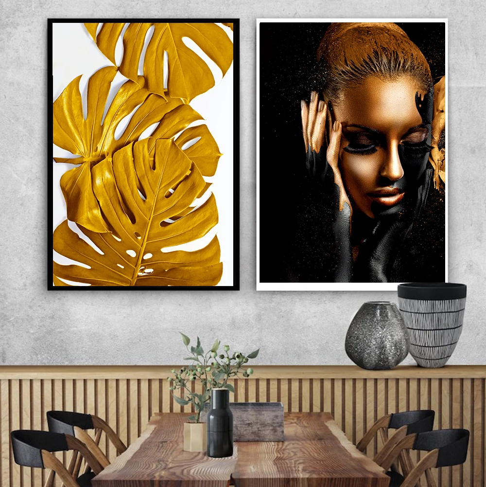 

Gold finger Figure Painting Prints Golden Palm Leaves Noir Posters Abstract Wall Art Pictures For Living Room Modern Home Decor