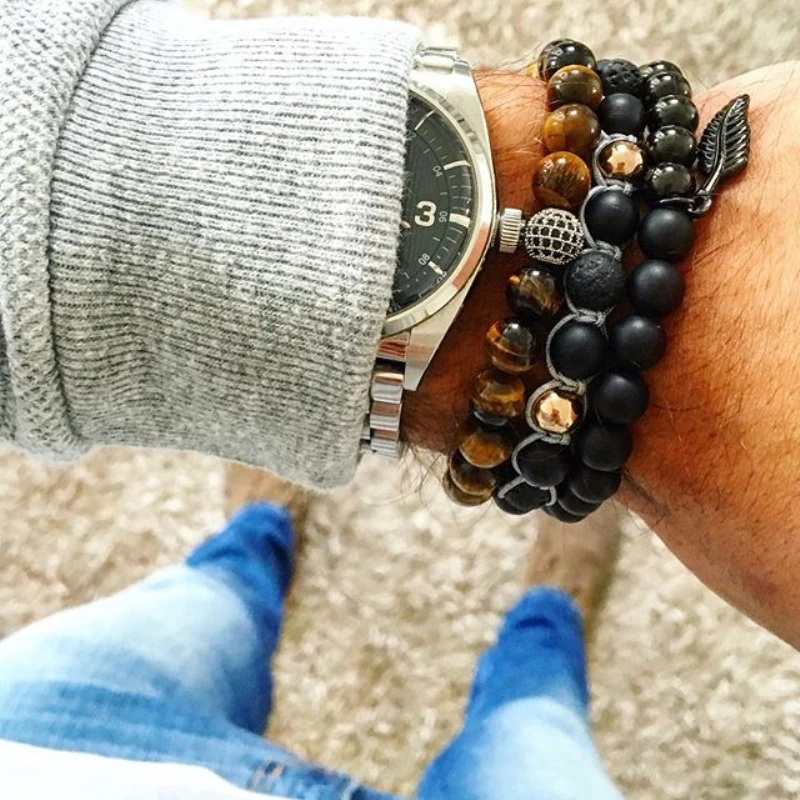 Mcllroy charm bracelets 8mm natural round stone beads micro paved zircon beads mens fashion jewelry beaded friendship bracelet