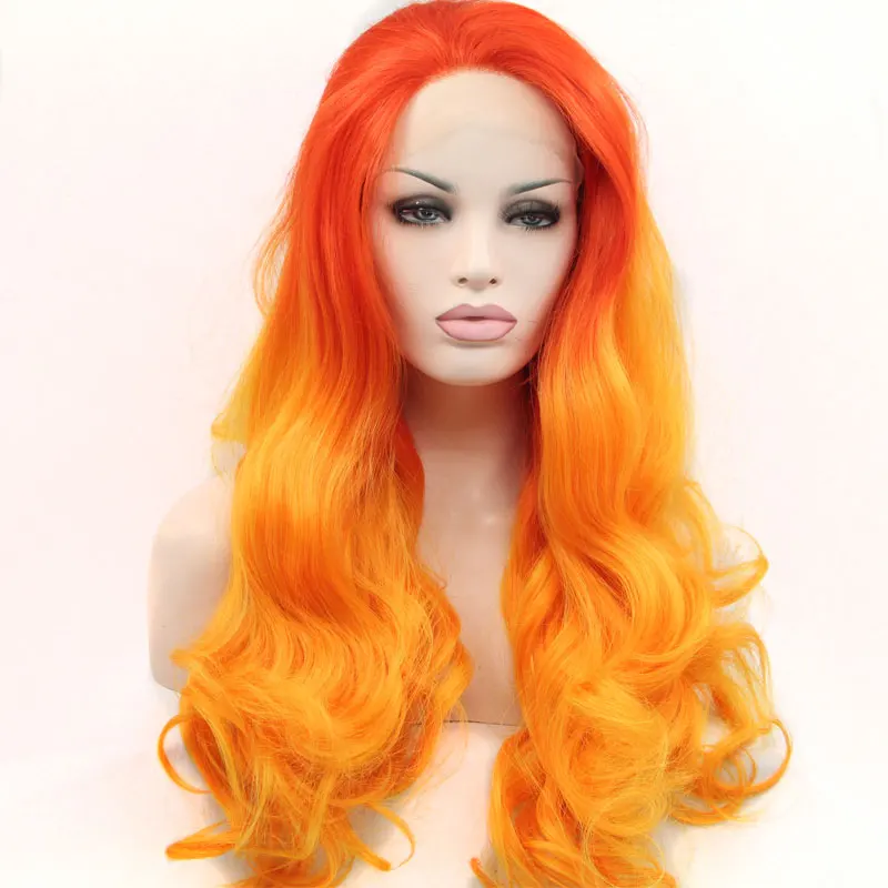 Bombshell Orange Red Ombre Yellow Body Wave Synthetic Lace Front