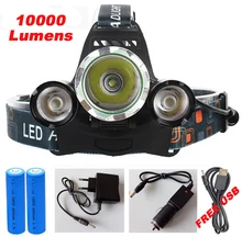 10000Lumens 3 LED CREE XML T6 Headlight Headlamp Head Lamp Light X900 Flashlight +2×18650 Battery+AC/Car/USB Charger For Fishing